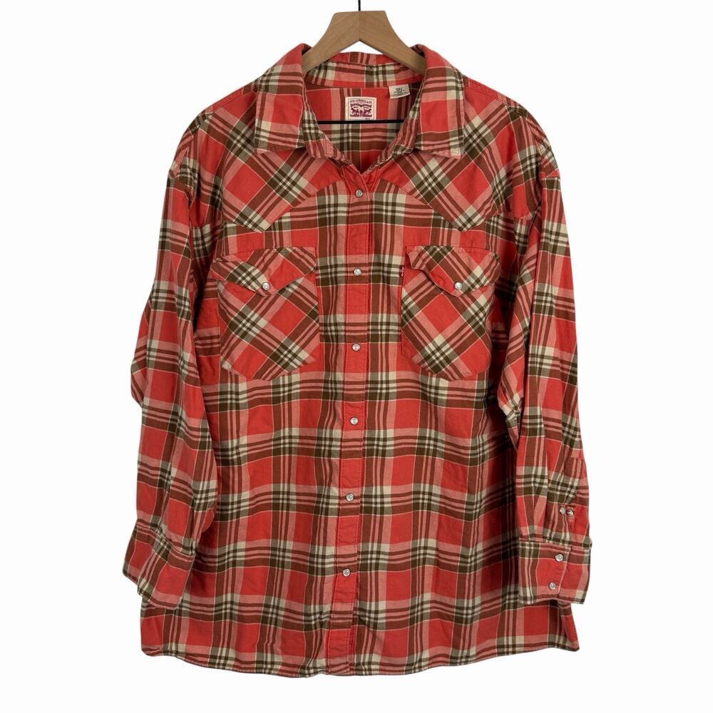 Women’s Levi Strauss Dylan Flannel Shirt Orange Plaid 3X Pearl Snap Western